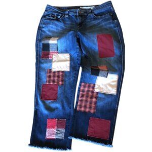 Upcycled Patchwork Jeans: Cropped Denim Pants Plaid Autumn Theme Junior Size 12